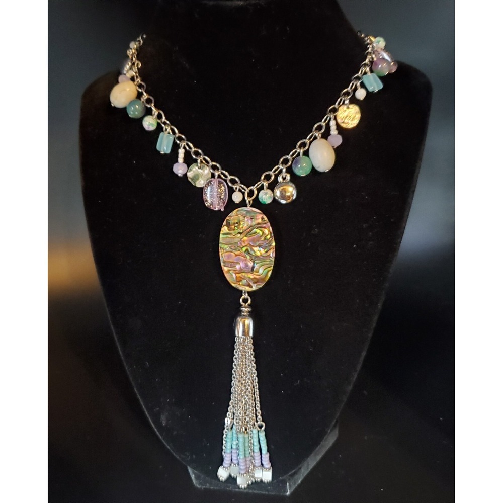 Chico's‎ Silvertoned Glass & Acrylic Tassel Necklace 33 Inches Adjustable